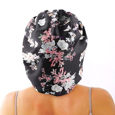 greatremy Satin Braid Bonnet Double Layer Sleep Cap Scruchie, Silky Night Hat Large Bonnet for Women Curly, Long Natural Hair Dreadlocks, Braids, Locs Sleeping (Black Flowers)