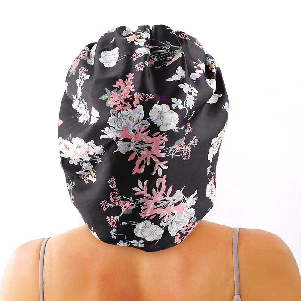 greatremy Satin Braid Bonnet Double Layer Sleep Cap Scruchie, Silky Night Hat Large Bonnet for Women Curly, Long Natural Hair Dreadlocks, Braids, Locs Sleeping (Black Flowers)