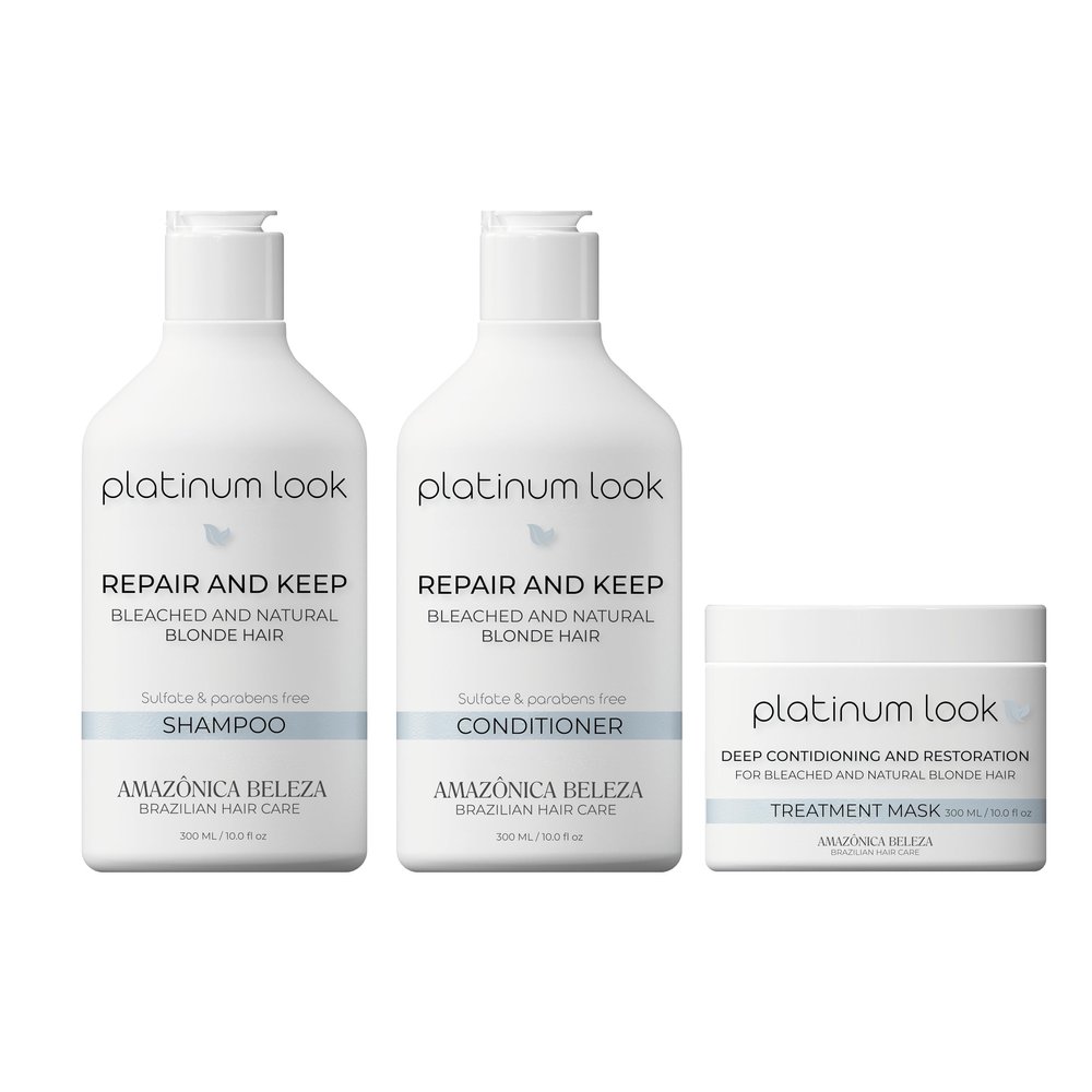 AMAZONICA BELEZA Kit Shampoo, Conditioner and Hair Mask for Blonde Hair, Repairs, Moisturizes and Nourishes, Neutralizes Brassy Tones In Blonde Hair, Kit para Cabello Rubio, 10 Oz