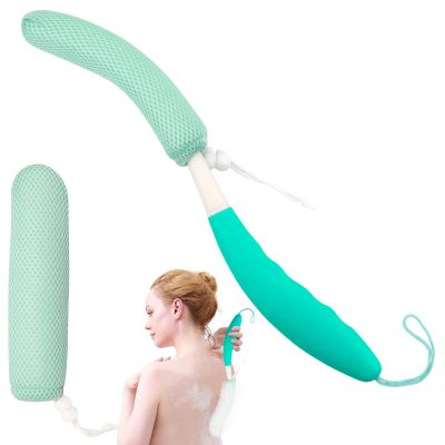KkaFFe 15.35" Back Bath Brush with Sponge,Back Scrubber Bath Mesh with Anti-Slip Curved Long Handle Bath Body Brush for Elderly Aid Bathing and Shower