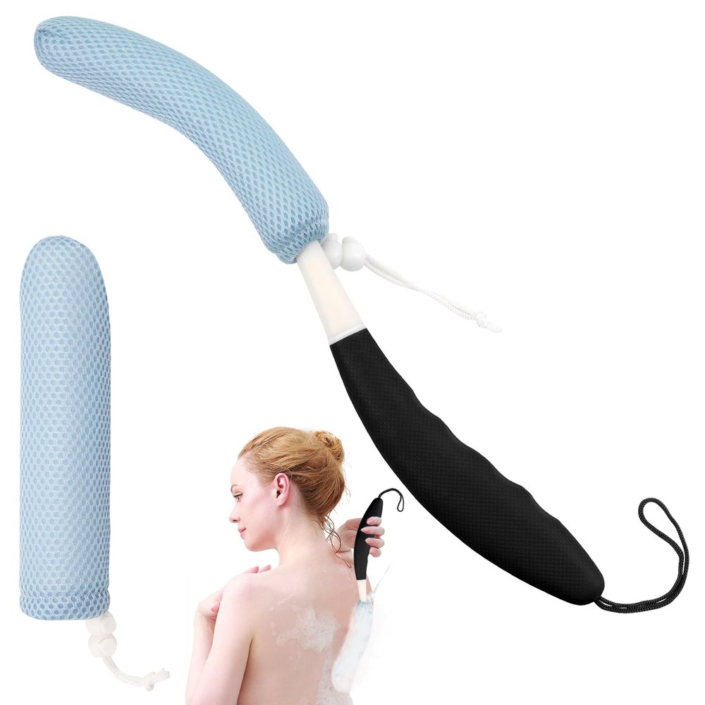KkaFFe 15.35" Back Bath Brush with Sponge,Back Scrubber Bath Mesh with Curved Long Handle Bath Body Brush for Elderly Aid Bathing and Shower