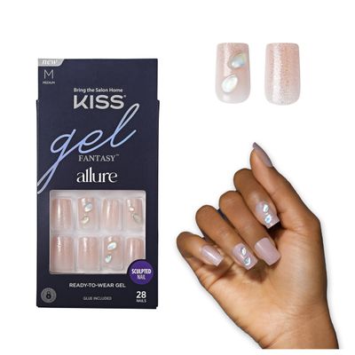 KISS Gel Fantasy Allure Press On Nails, Ready to Wear, 3D Design, Waterproof, Pink Gel Nail Glue 0.07 Oz. (2g), Manicure Stick & Mini File, 28 Count