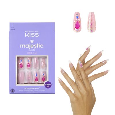 KISS Majestic Press On Nails, Nail glue included, 'Lovely Bubbly', Pink, Long Size, Coffin Shape, Includes 30 Nails, 2g glue, 2 Prep Pads, 2 of 24 Adhesive tabs, 2 manicure sticks, Mini file