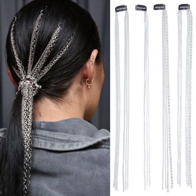 NICENEEDED Hair-Accessory Hair Chain, 4Pcs Punk Tassel, Silver Decorated, Ponytail Multi Strand, for Women Girls Nightclub Prom Party
