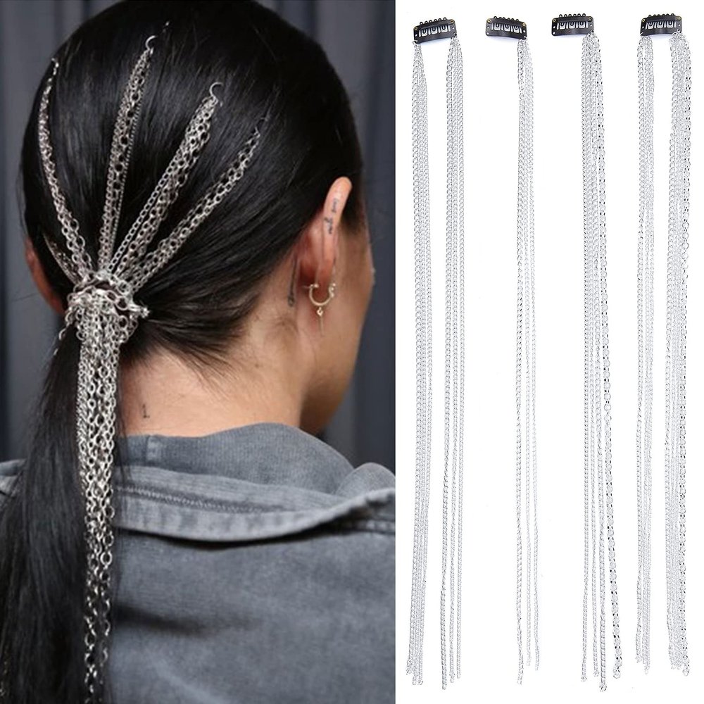NICENEEDED Hair-Accessory Hair Chain, 4Pcs Punk Tassel, Silver Decorated, Ponytail Multi Strand, for Women Girls Nightclub Prom Party