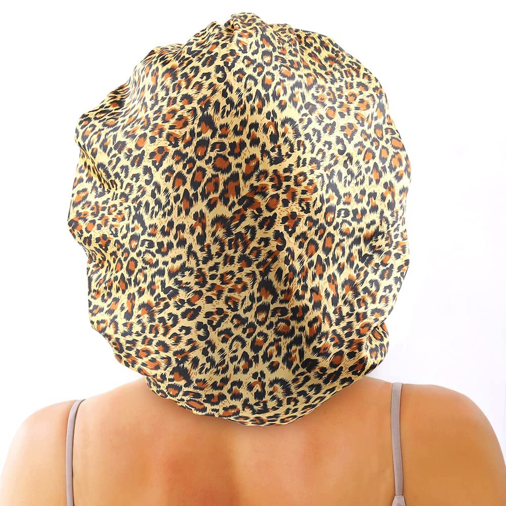 Greatremy Satin Braid Bonnet Double Layer Sleep Cap Scruchie, Silky Night Hat Large Bonnet for Women Curly, Long Natural Hair Dreadlocks, Braids, Locs Sleeping (Leopard Grain)