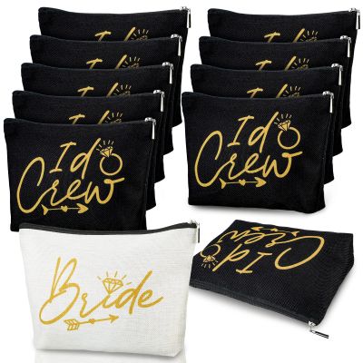 Sadnyy 11 Pieces Bridesmaid Makeup Bags I Do Crew Bachelorette Party Cosmetic Bags Bridesmaid Proposal Gifts for Women Bridal Party Favor Team Present Bridal Shower(White, Black)