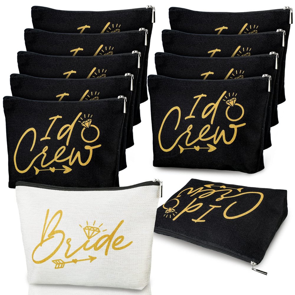 Sadnyy 11 Pieces Bridesmaid Makeup Bags I Do Crew Bachelorette Party Cosmetic Bags Bridesmaid Proposal Gifts for Women Bridal Party Favor Team Present Bridal Shower(White, Black)