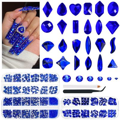 qiipii 3 Boxes Royal Blue Nail Rhinestones 240 Multi-Shapes Sapphire Big Gems K9 Glass Flatback Round Beads Crystals Stones Diamonds Nail Art Charms for Nails Face Eyes Makeup Crafts Tumblers Clothes