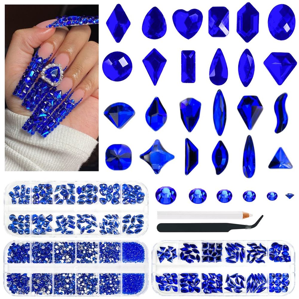 qiipii 3 Boxes Royal Blue Nail Rhinestones 240 Multi-Shapes Sapphire Big Gems K9 Glass Flatback Round Beads Crystals Stones Diamonds Nail Art Charms for Nails Face Eyes Makeup Crafts Tumblers Clothes