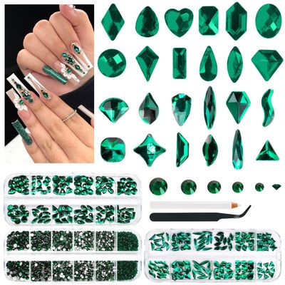qiipii 3 Boxes Emerald Green Nail Rhinestones 240 Multi-Shapes Big Gems Dark Green Flatback Round Beads K9 Glass Crystals Stones Nail Art Charms for Nails Face Eyes Makeup DIY Crafts Tumblers Bottles