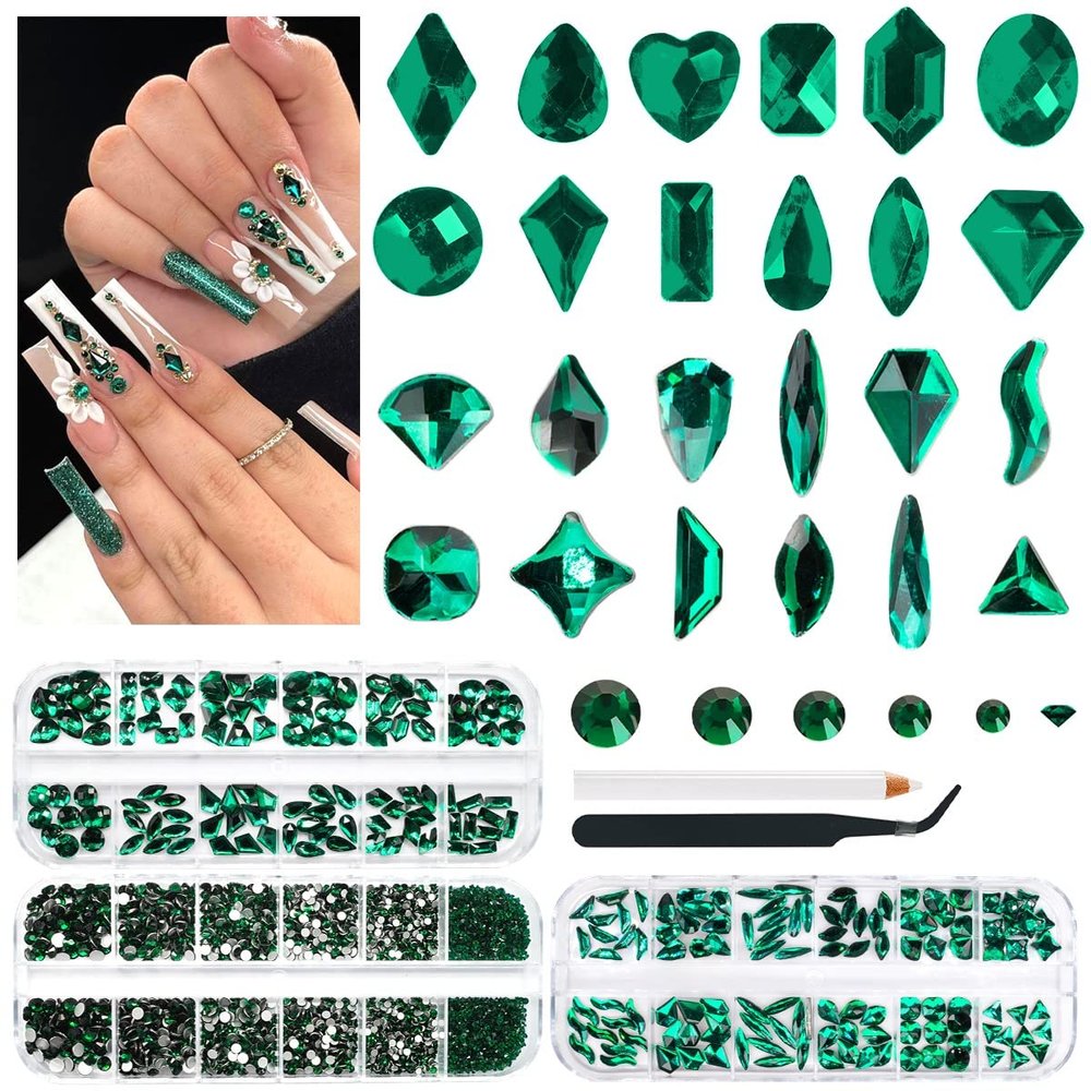 qiipii 3 Boxes Emerald Green Nail Rhinestones 240 Multi-Shapes Big Gems Dark Green Flatback Round Beads K9 Glass Crystals Stones Nail Art Charms for Nails Face Eyes Makeup DIY Crafts Tumblers Bottles