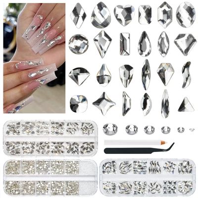 qiipii 3 Boxes Silver Clear Nail Rhinestones 240 Multi-Shapes Crystal White Big Gems Stones Flatback Round Beads Glass Crystals Nail Art Charms for Arylic Nails Face Eyes Makeup Tumblers Bottles Shoes