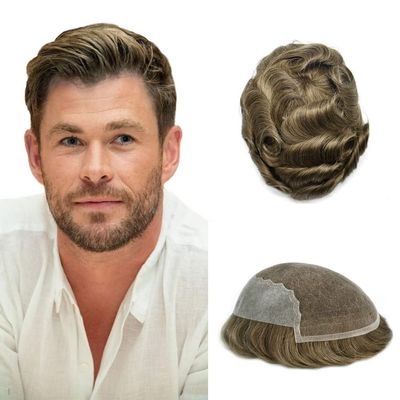 Toupee for Men French Lace Hairpieces European Human Hair Replacement System Lace Front Mens Toupee Bleached Knots Natural Hairline Black Brown Blonde Gray Hair Pieces For Men US Stock. (8X10"-90% light density, #1710 17# DARK ASH BLONDE +10% Sythet