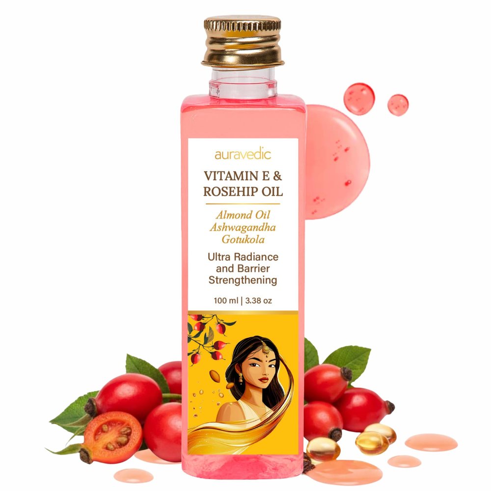 Auravedic Rosehip & Vitamin E Oil | Nourishing Facial Oil with Almond Oil & Gotu Kola | Supports Hydrated, Radiant-Looking Skin | For Face & Body | 3.38 Fl Oz (100ml)