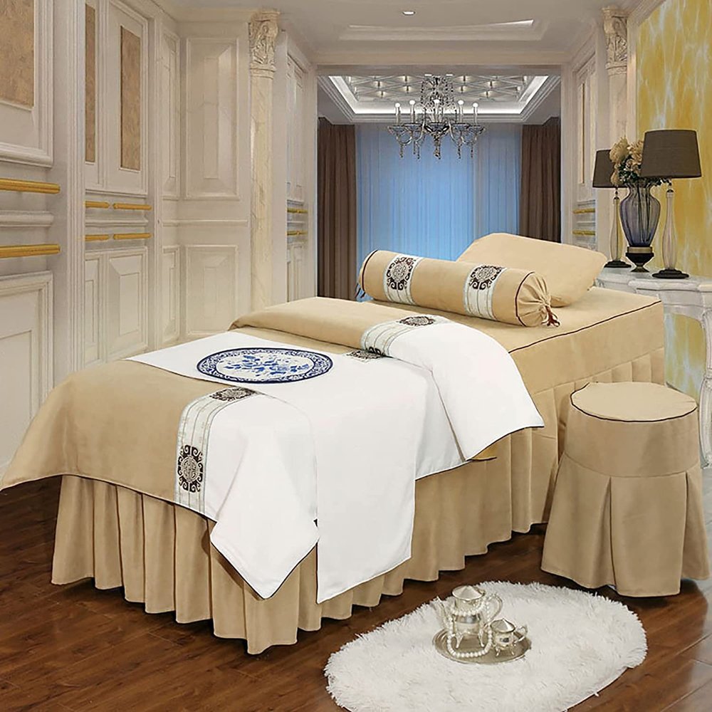 MIPOPS 4-Piece Massage Table Sheets Sets Fitted Massage Bed Sheets with Headrest Covers Massage Table Covers Soft Breathable for Spas Salons Hotels(K,185x70cm(73x28inch))