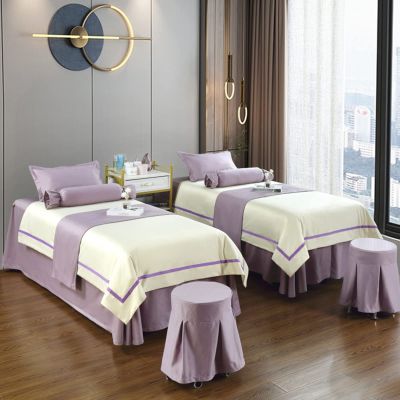 MIPOPS 4-Piece Massage Table Sheets Sets SPA Bed Sheets, Beauty Bedspreads European Solid Color Stain-Resistant Massage Table Skirt Includes Pad and Face Rest Cover(D,185x80cm(73x31inch))