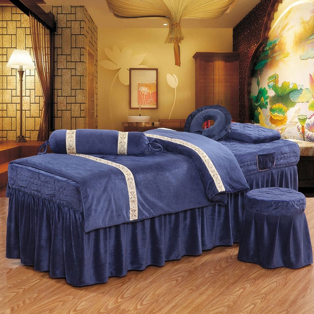 MIPOPS 4-Piece Massage Table Sheet Set, Premium Facial Bed Cover, Includes Massage Face Rest Cover, Massage Table Cover and Massage Fitted Sheet(Blue,180x60cm(71x24inch))