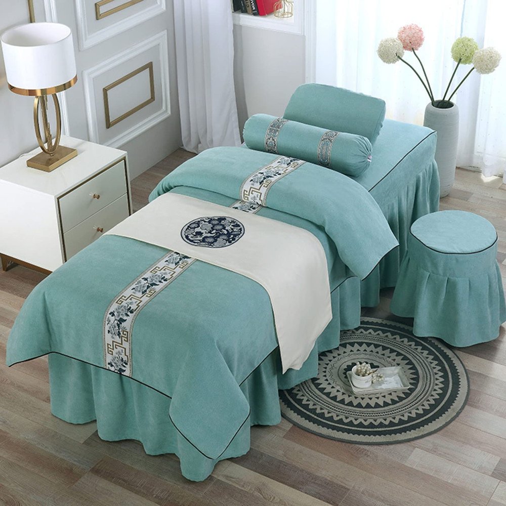 MIPOPS 4-Piece Massage Table Fitted Sheets, Soft Cotton Facial Bed Cover, Includes Flat and Fitted Sheets with Face Cradle Cover(Green,185x70cm(73x28inch))