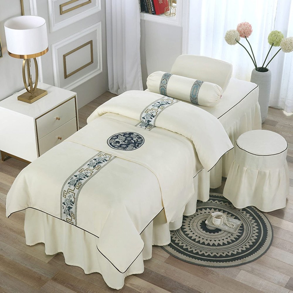 MIPOPS 4-Piece Massage Table Fitted Sheets, Soft Cotton Facial Bed Cover, Includes Flat and Fitted Sheets with Face Cradle Cover(Beige,185x70cm(73x28inch))