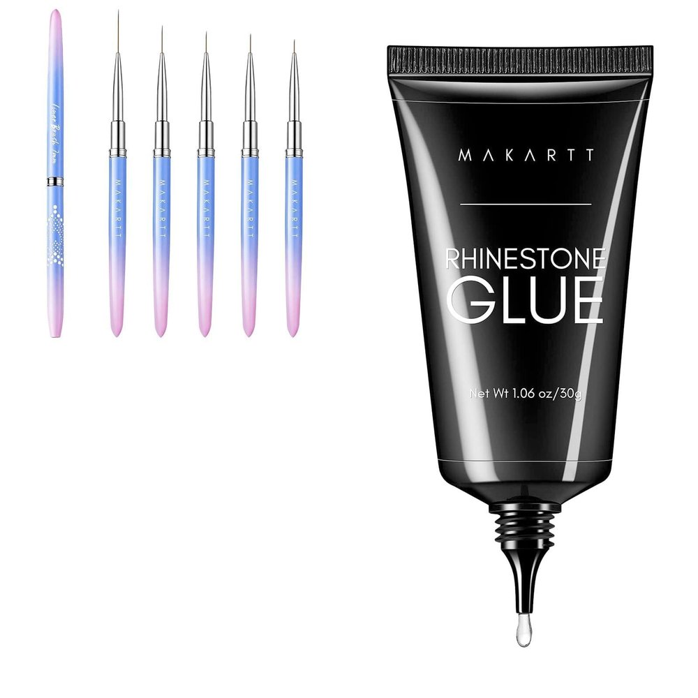 Makartt Nail Rhinestone Glue Gel 1.06oz Nail Lamp Needed Gem Glue Gel Super Strong Bundle with Makartt Nail Art Brushes? Liner for Nails, 5pcs, 7/9/11/15/25mm, Easy Hold