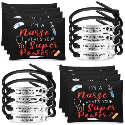 Henoyso 16 Pcs Nurse Appreciation Gifts 2025 Set Including 8 Makeup Cosmetic Bag with 8 Bracelets, Nurse Week Gifts for Women Graduation Nursing Day(Fresh Style)