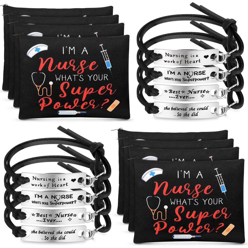Henoyso 16 Pcs Nurse Appreciation Gifts 2025 Set Including 8 Makeup Cosmetic Bag with 8 Bracelets, Nurse Week Gifts for Women Graduation Nursing Day(Fresh Style)