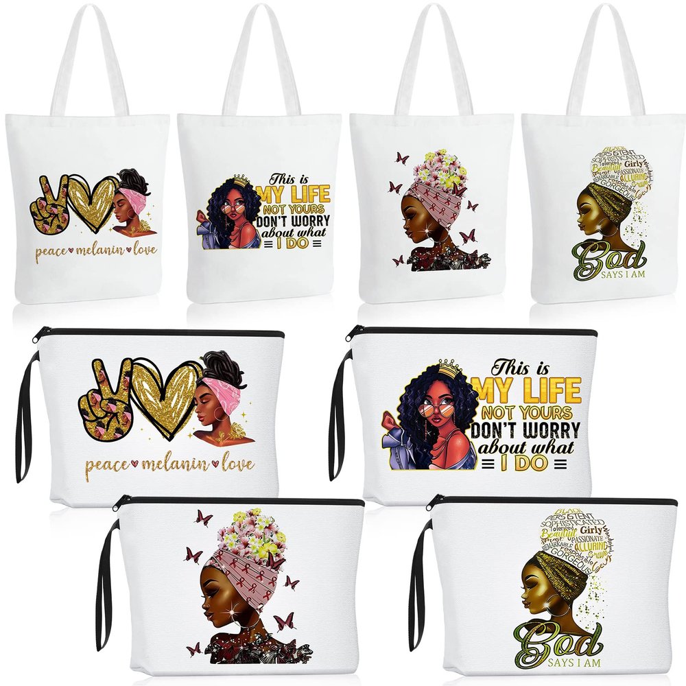 Roowest 8 Pcs African American Gifts for Women Bulk God Say You Are Tote Bags Inspirational Makeup Bags with Zipper(Classic Style)