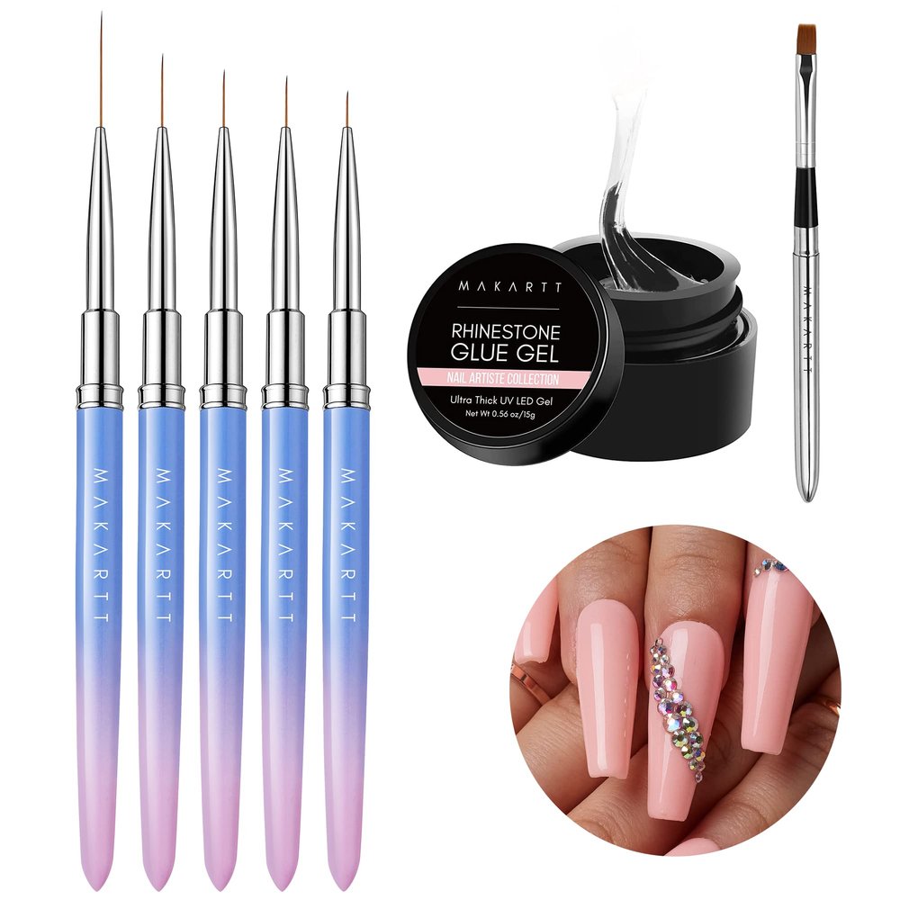 Makartt Nail Rhinestone Glue Gel with Brush Pen Set, 15ml Clear Nail Gem Glue Gel Bundle with Makartt Nail Art Brushes? Liner for Nails, 5pcs, 7/9/11/15/25mm, Easy Hold