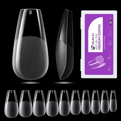 Gelike ec Medium Coffin Nail Tips: 240PCS Soft Gel Tips for Nail Extensions Coffin Shaped Full Cover Nail Tips Pre Etched - PMMA Resin Clear False Nails Press on Nails 10 Sizes, MEDIUM COFFIN