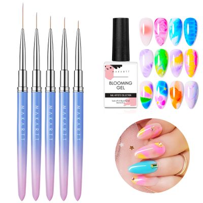 Makartt Clear Blooming Gel 15ml UV LED Nail Art Polish for Spreading Effect Marblle Bundle Nail Art Brushes Liner for Nails, 5pcs, 7/9/11/15/25mm, Easy Hold
