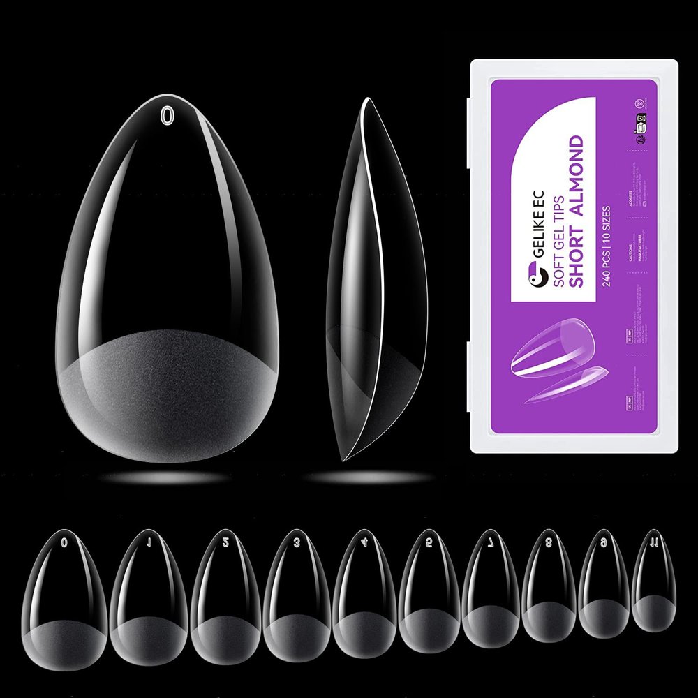 Gelike ec Short Almond Nail Tips: 240PCS Soft Gel Tips for Almond Shaped Full Cover Gel Nail Tips Pre Etched - PMMA Resin Clear False Nails 10 Sizes