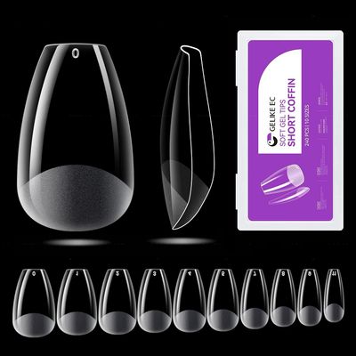 Gelike ec Short Coffin Nail Tips: 240PCS Soft Gel Tips for Nail Extensions Coffin Shaped Full Cover Nail Tips Pre Etched - PMMA Resin Clear False Nails Press on Nails 10 Sizes, SHORT COFFIN