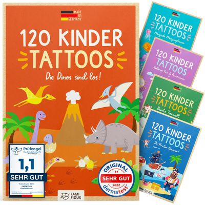 Famifidus - 120 Skin-friendly Kids Tattoos - Dermatologically Tested & Rated VERY GOOD - Made in Germany - Our Temporary Tattoos for Kids (Dinos Theme)