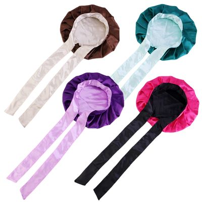 4 Pieces Womens Solid Satin Bonnet with Wide Stretch Ties Long Hair Care Night Sleep Adjust Hair Styling Cap Silk Shower Cap