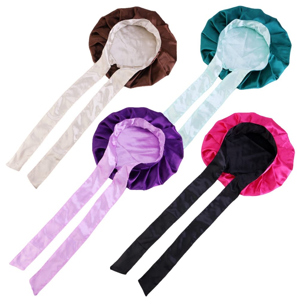4 Pieces Womens Solid Satin Bonnet with Wide Stretch Ties Long Hair Care Night Sleep Adjust Hair Styling Cap Silk Shower Cap