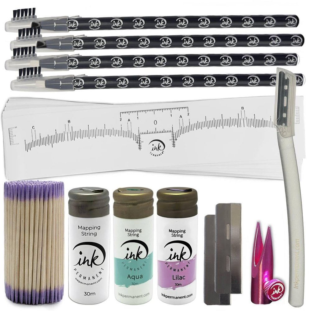 Eyebrow Mapping Kit with White, Lilac, and Aqua Mapping String, [100ft/ 30m],Peel Off Shaping Pencil Set with Eyebrow Pencil Sharpener, Shaper, 10 Eyebrow Ruler and Face Razor