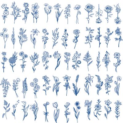 Tiny Branch Blue Flower Temporary Tattoos,15-Sheet Floral Bouquet Small Tattoo Wild Plant Lavender Sweet Pea Larkspur Semi-permanent Tattoos For Women Girl