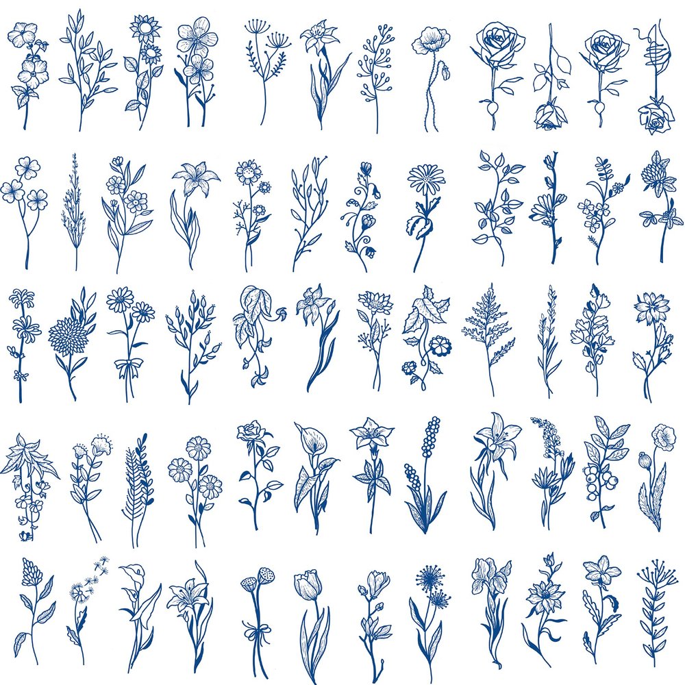 Tiny Branch Blue Flower Temporary Tattoos,15-Sheet Floral Bouquet Small Tattoo Wild Plant Lavender Sweet Pea Larkspur Semi-permanent Tattoos For Women Girl