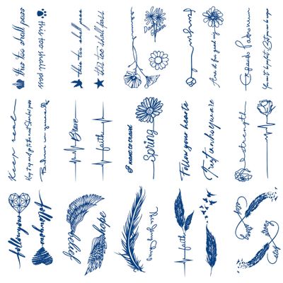 Semi-permanent Inspirational English Tattoos, 15-Sheet Fake Tiny Letters Flower Feather Temporary Tattoo Sticker for Adult Children Face Body Hand