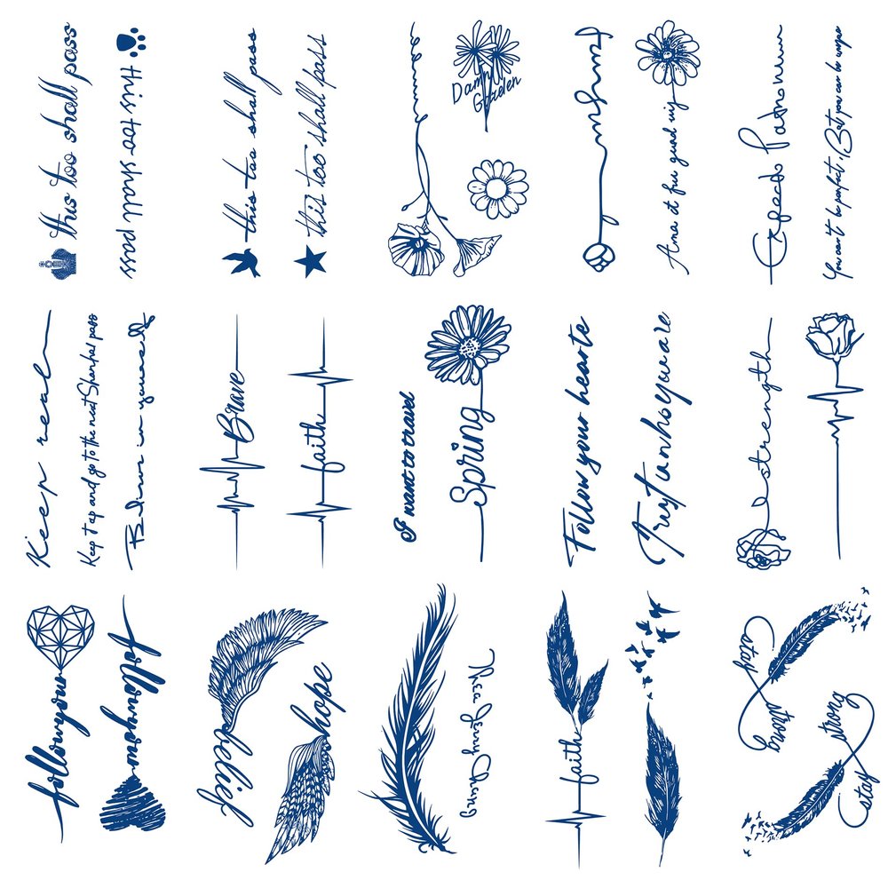 Semi-permanent Inspirational English Tattoos, 15-Sheet Fake Tiny Letters Flower Feather Temporary Tattoo Sticker for Adult Children Face Body Hand