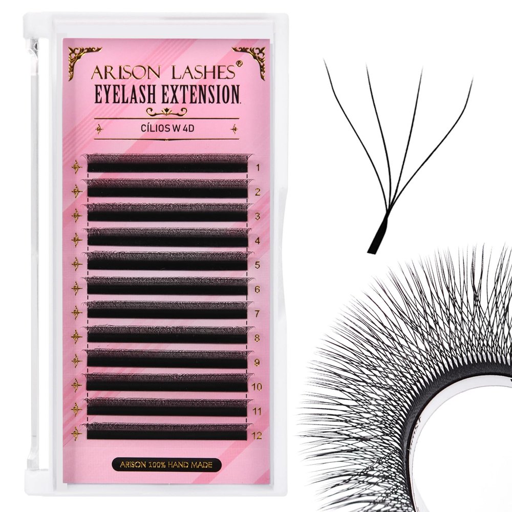 Arison Lashes 4D W Shape Eyelash Extension Natural Soft Volume Premade Fans Faux Mink Matte Black Cluster 12 rows(4DW-0.07-C-8mm)