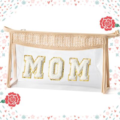 Belanttega Mother's Day Cosmetic Bag - Summer Boho Patch MOM Chenille Varsity Letter Toiletry Kit Beige Clear Waterproof Travel Makeup Bag PVC Zipper Clutch Daily Use Purse Gift for Mom Women Ladies