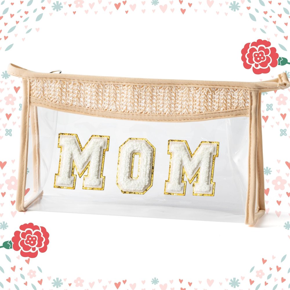 Belanttega Mother's Day Cosmetic Bag - Summer Boho Patch MOM Chenille Varsity Letter Toiletry Kit Beige Clear Waterproof Travel Makeup Bag PVC Zipper Clutch Daily Use Purse Gift for Mom Women Ladies