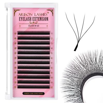 Arison Lashes 4D W Shape Eyelash Extension Natural Soft Volume Premade Fans Faux Mink Matte Black Cluster 12 rows(4DW-0.07-C-9mm)