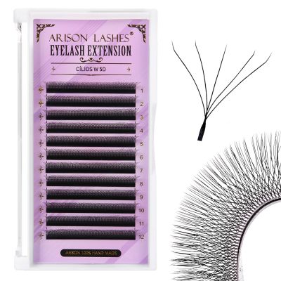 Arison Lashes 5D W Shape Eyelash Extension Natural Soft Volume Premade Fans Faux Mink Matte Black Cluster 12 rows(5DW-0.07-C-15mm)