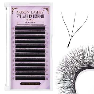 Arison Lashes 3D W Shape Eyelash Extension Natural Soft Volume Premade Fans Faux Mink Matte Black Cluster 12 rows(3DW-0.07-C-14mm)