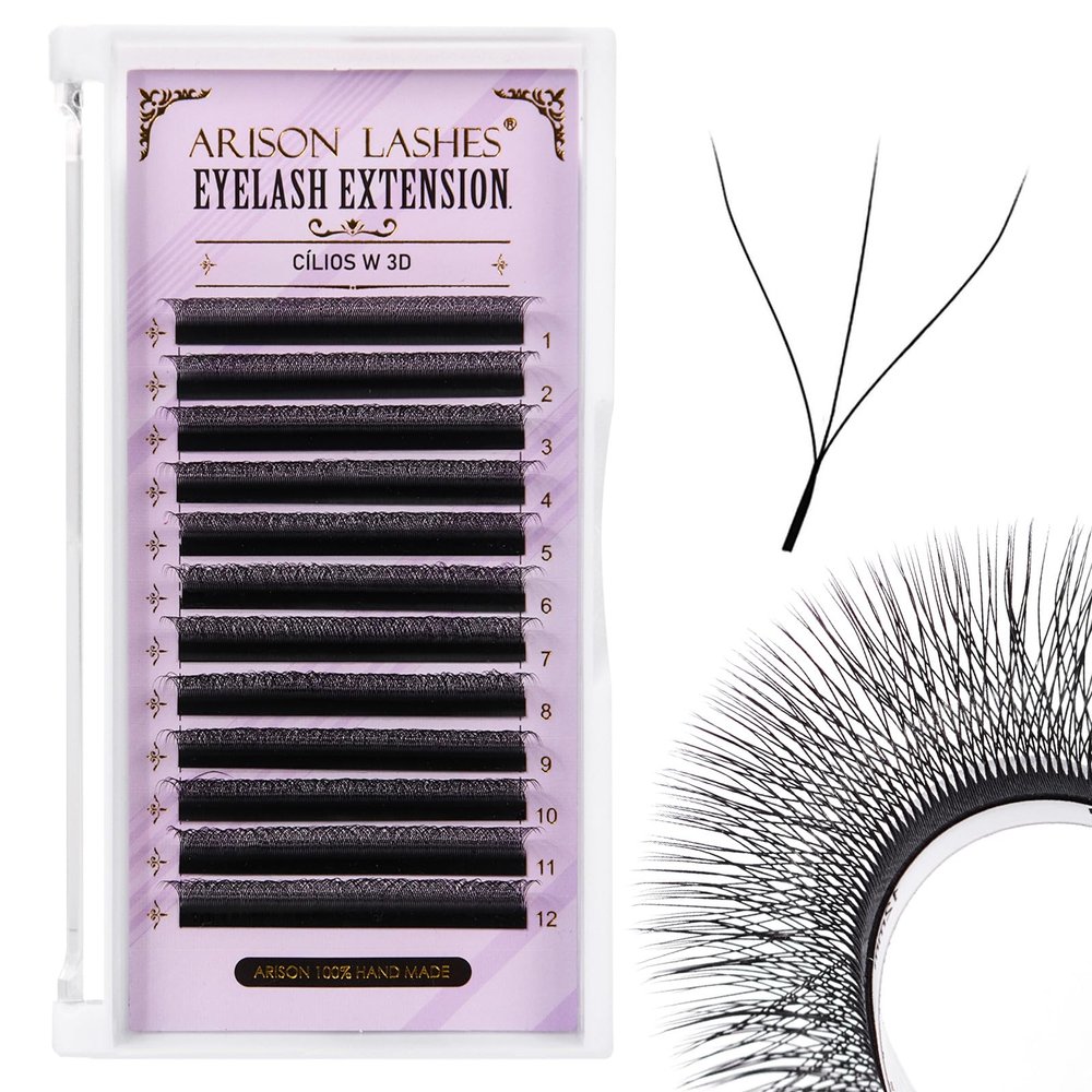 Arison Lashes 3D W Shape Eyelash Extension Natural Soft Volume Premade Fans Faux Mink Matte Black Cluster 12 rows(3DW-0.07-C-14mm)