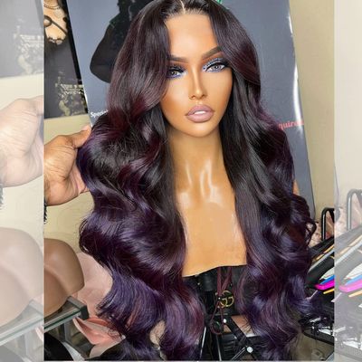 100% Brazillian Virgin Human Hair Wigs Dark Purple Color Body Wave Style 4x4 Full Lace Front HD Transparent Lace Wigs for Black Women 180% Density Pre Plucked Hairline (16inch, 4x4 Closure Wig)