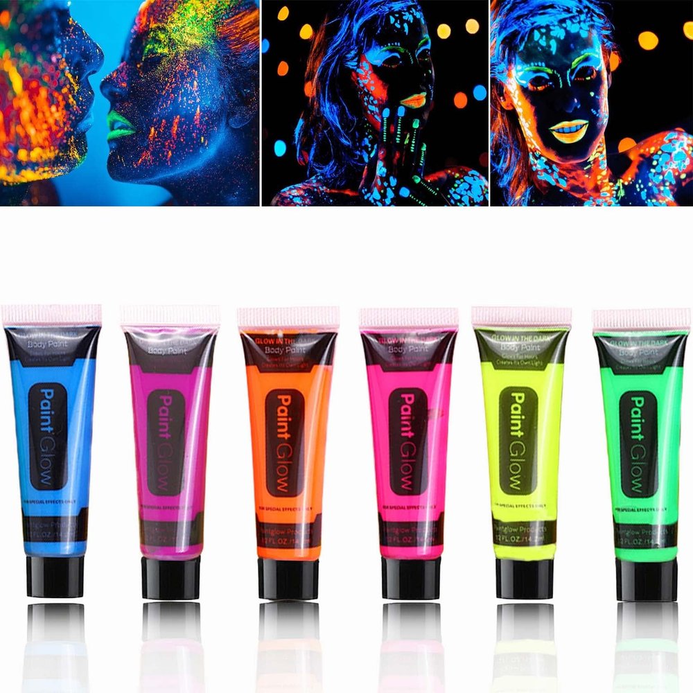 6 Pcs Glow in the Dark Face Body Paint,Blacklight Neon Face & Body Paints,Easily Cleanable Paint Set Neon Makeup Glow in the Dark Party Supplies